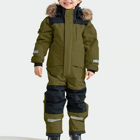 FAOWME Big Girls Boys Hooded Romper Long Sleeve Zipper Color Block Waterproof Windproof Comfortable Warm Jumpsuits Ski Suit For Outdoor Activities Army Green 3-4 Years
