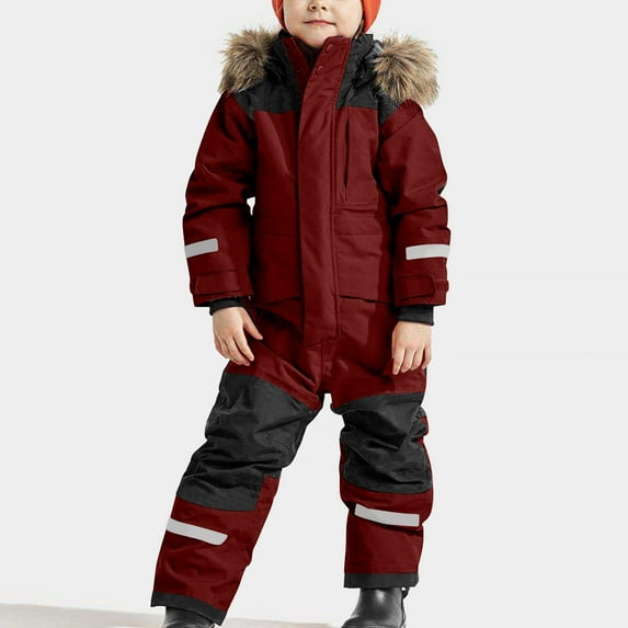 FAOWME Big Girls Boys Hooded Romper Long Sleeve Zipper Color Block Waterproof Windproof Comfortable Warm Jumpsuits Ski Suit For Outdoor Activities Red 3-4 Years