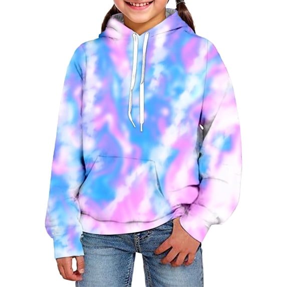 FAOWME Big Girls Boys Hoodies With Pocket Long Sleeved Tie Dye Printed Drawstring Fashion Comfortable Loose Fit Sweatshirts For Daily Wear Purple 7-8 Years