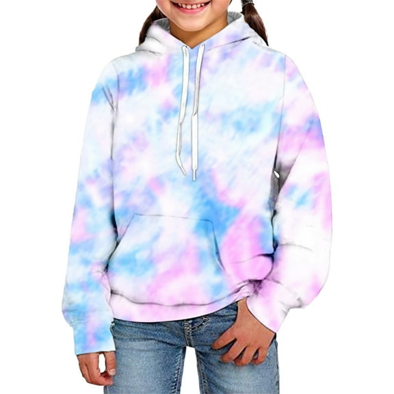 FAOWME Big Girls Boys Hoodies With Pocket Long Sleeved Tie Dye Printed Drawstring Fashion Comfortable Loose Fit Sweatshirts For Daily Wear White 9-10 Years