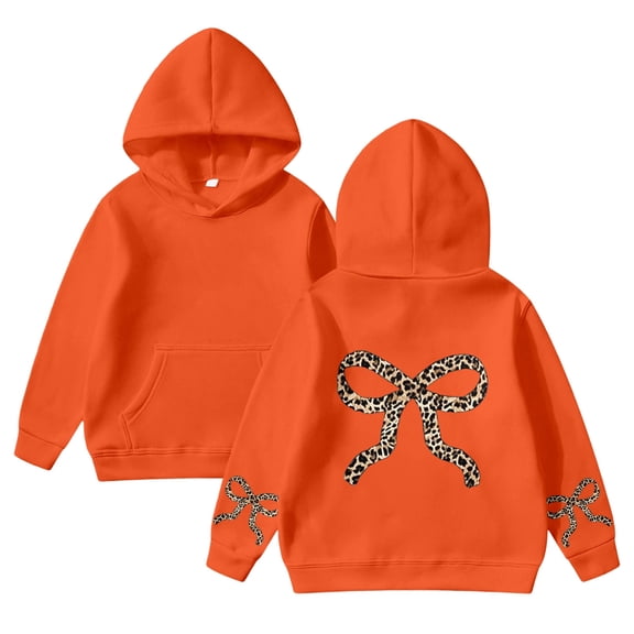 FAOWME Big Girls Boys Hoodies With Pocket Long Sleeved Bow Print Comfortable Fashion Loose Fit Sweatshirts For Fall Winter Outerwear Orange 1-2 Years