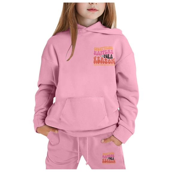 FAOWME Big Girls Boys Outfits Long Sleeve Letter Print Hooded Sweatshirt And Drawstring Elastic Waist Pants Comfortable Fashion Sets For Casual Daily Wear Pink 6-7 Years
