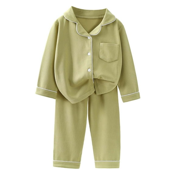 FAOWME Big Girls Boys Pajama Outfits Two Piece Long Sleeved Lapel Solid Color Pocket Buttons Top And Pants Comfortable Soft Loungewear Sets For Casual Daily Wear Light Green 9-10 Years