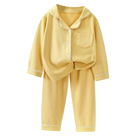 FAOWME Big Girls Boys Pajama Outfits Two Piece Long Sleeved Lapel Solid Color Pocket Buttons Top And Pants Comfortable Soft Loungewear Sets For Casual Daily Wear Yellow 3-4 Years