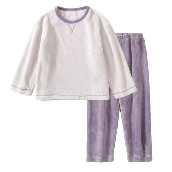 FAOWME Big Girls Boys Pajama Two Piece Outfits Long Sleeved Round Neck Solid Color Top And Pants Comfortable Warm Loungewear Sets For Casual Daily Wear Purple 9-10 Years