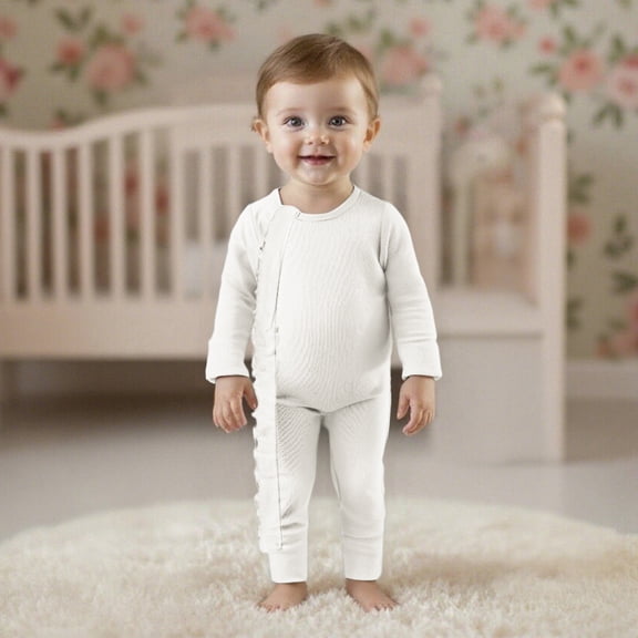 FAOWME Big Girls Boys Romper Pajamas Long Sleeve Round Neck Ribbed Solid Color Comfortable Stretchy Jumpsuit Bodysuit For Daily Wear White 12-18 Month