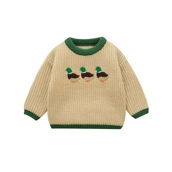 FAOWME Big Girls Boys Sweater Long Sleeve Round Neck Cute Animal Embroidery Color Block Comfortable Warm Soft Top For Fall Winter Daily Wear Beige 18-24 Months