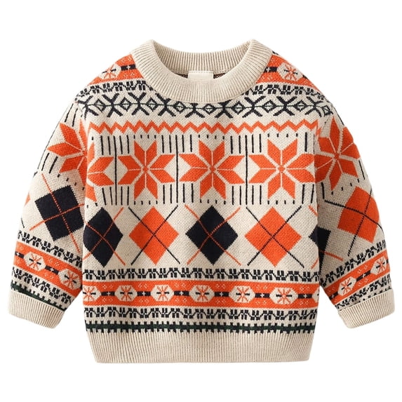 FAOWME Big Girls Boys Sweater Long Sleeve Round Neck Graphic Print Knit Breathable Comfortable Top For Casual Daily Wear Beige 7-8 Years
