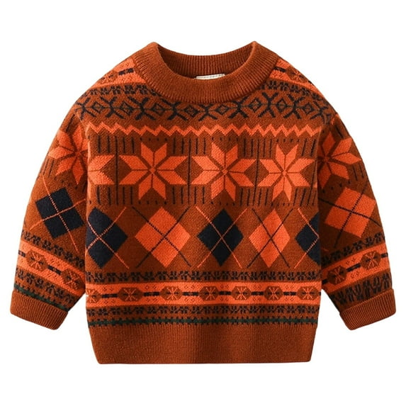 FAOWME Big Girls Boys Sweater Long Sleeve Round Neck Graphic Print Knit Breathable Comfortable Top For Casual Daily Wear Orange 7-8 Years