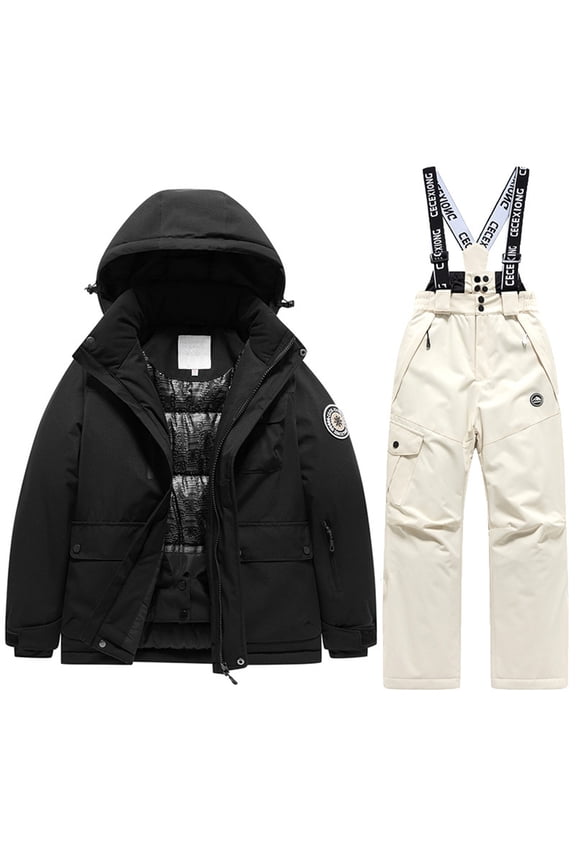 Big Girls Boys Winter Ski Outfits Long Sleeve Solid Color Zipper Pocket Hooded Coat And Suspenders Pants Snowsuit Comfortable Fashion Sets For Outdoor Activities Beige 8-9 Years