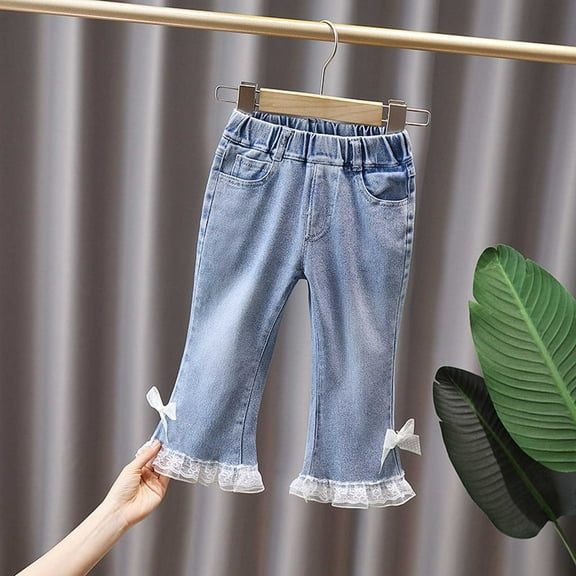 FAOWME Big Girls Denim Pants With Pockets Elastic Waist Lace Trim Flared Slim Fit Trousers For Casual Daily Wear White 140