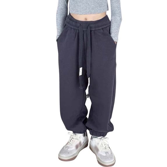FAOWME Big Girls Harem Pants With Pockets Drawstring Elastic Waist Solid Color Ankle-Tied Casual Sweatpants Trousers For Daily Wear Grey 7-8 Years