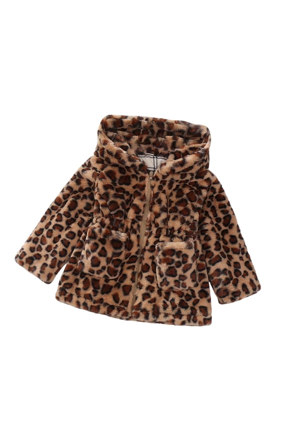 Big Girls Hooded Coat Long Sleeve Leopard Print Zipper Thicken Plush Soft Warm Fashion Jacket For Autumn Winter Daily Wear Brown 12-18 Months