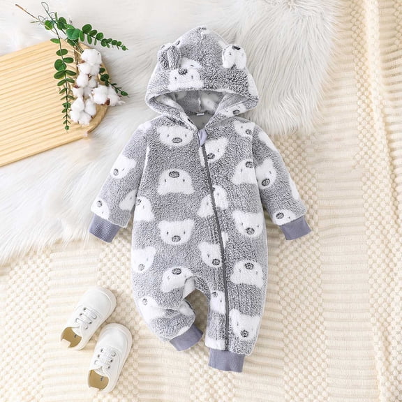 FAOWME Big Girls Hooded Romper Fuzzy Long Sleeve Cartoon Print Zipper Soft Comfortable Casual Jumpsuit Bodysuit For Daily Wear Grey 12-18 M