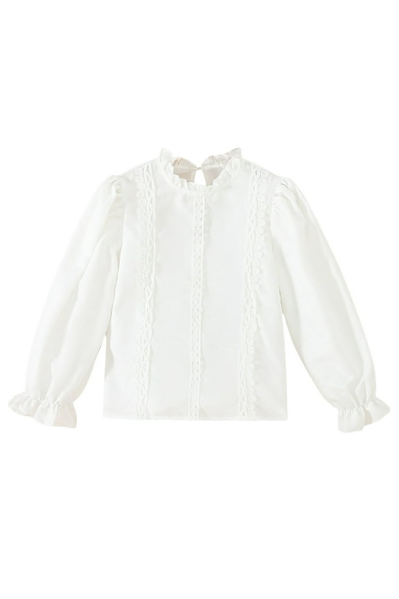 Big Girls Lace Collar Blouse With Elastic Solid Color Layering Tops For Spring Fall White 8-9 Years