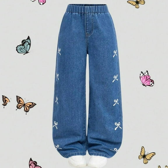 FAOWME Big Girls Pants Elastic Waist Cute Bow Printed Wide Leg Comfortable Stretchy Trousers For Casual Daily Wear Dark Blue 9-10 Years
