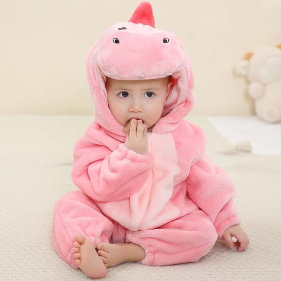 FAOWME Big Girls Romper With Hood Fuzzy Pajamas Long Sleeve Cute Cartoon Dinosaur Design Zipper Comfortable Soft Warm Jumpsuit Bodysuit For Daily Wear Pink 0-6 Months
