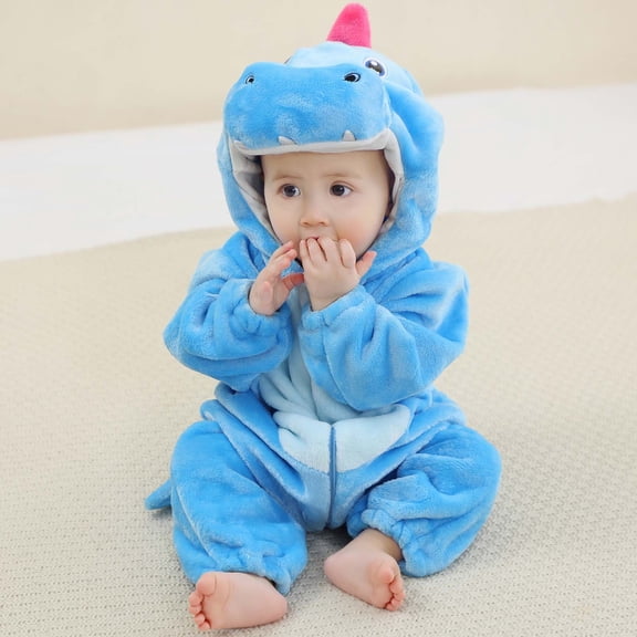 FAOWME Big Girls Romper With Hood Fuzzy Pajamas Long Sleeve Cute Cartoon Dinosaur Design Zipper Comfortable Soft Warm Jumpsuit Bodysuit For Daily Wear Sky Blue 3-4 Years