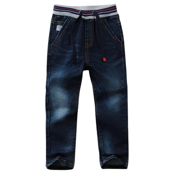 FAOWME Big Kids Boy Denim Pants With Pocket Drawstring Elastic Waist Straight Fit Comfortable Loose Fit Jeans Trousers For Daily Wear Blue 7-8 Years