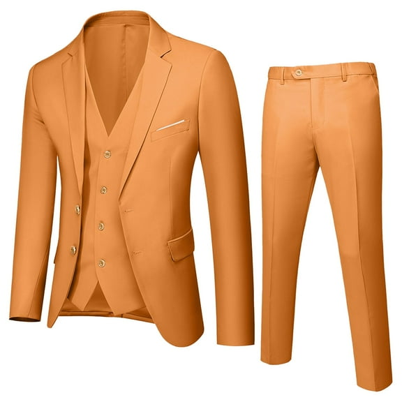 FAOWME Big Kids Boys 3Pc Formal Suit Sets Solid Color Long Sleeve Buttons Coat Vest Pants Slim Fit Comfortable Outfits For Wedding Yellow 12-13 Years