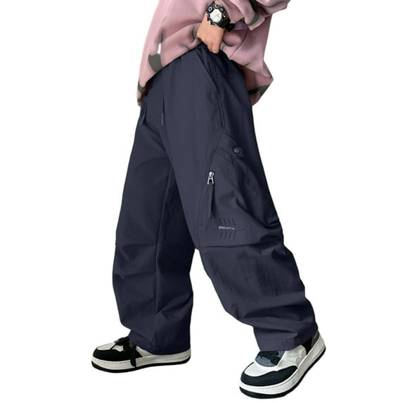 FAOWME Big Kids Boys Cargo Pants With Pockets Elastic Waist Wide Leg Straight Fit Solid Color Comfortable Loose Fit Trousers For Daily Wear Navy 4-5 Years