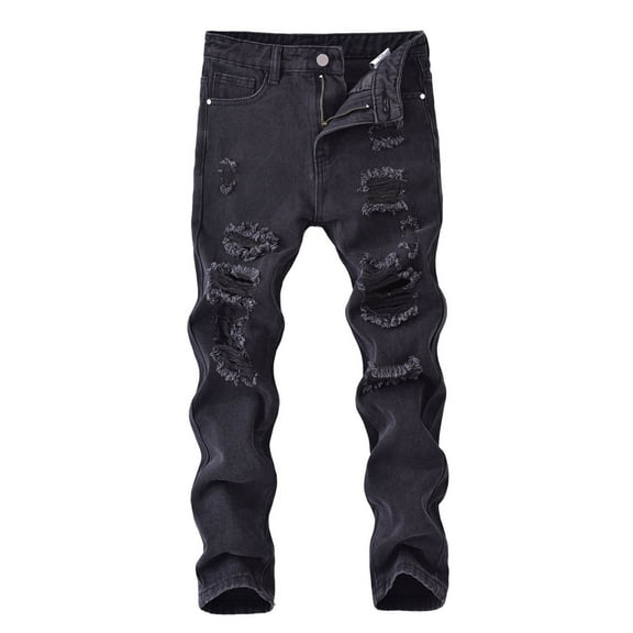 FAOWME Big Kids Boys Denim Pants With Pocket High Waist Straight Fit Ripped Comfortable Fashion Jeans Trousers For Daily Wear Black 9-10 Years