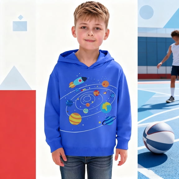 FAOWME Big Kids Boys Hoodies Long Sleeved Cartoon Rocket Planet Print Comfortable Breathable Loose Fit Sweatshirts For Casual Daily Wear Blue 2-3 Years