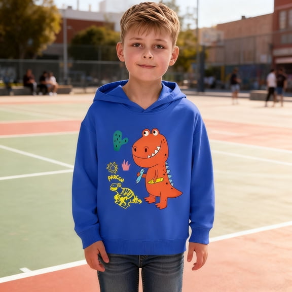 FAOWME Big Kids Boys Hoodies Long Sleeved Dinosaur Print Comfortable Breathable Loose Fit Sweatshirts For Casual Daily Wear Blue 3-4 Years