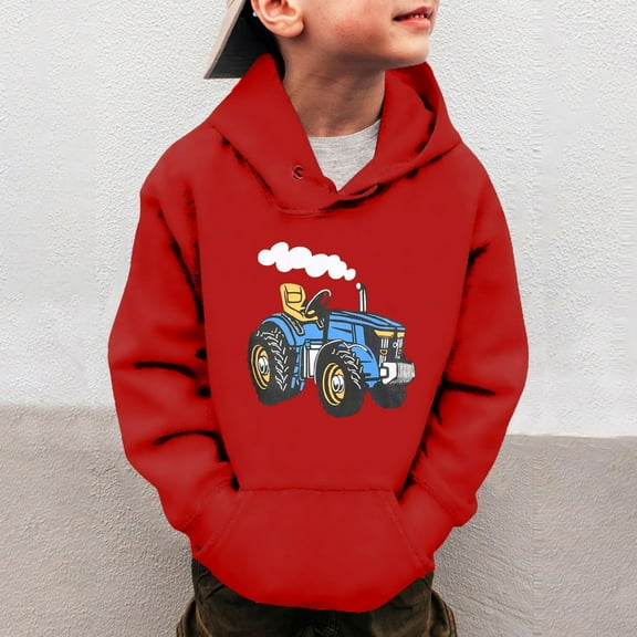 FAOWME Big Kids Boys Hoodies With Pocket Long Sleeved Car Print Fashion Comfortable Loose Fit Sweatshirts For Daily Wear Red 3-4 Years