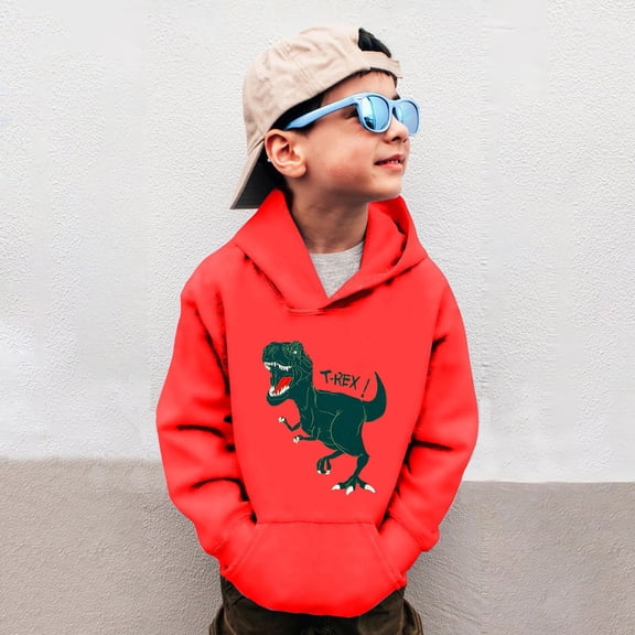 FAOWME Big Kids Boys Hoodies With Pocket Long Sleeved Dinosaurs Print Fashion Comfortable Loose Fit Sweatshirts For Daily Wear Red 4-5 Years
