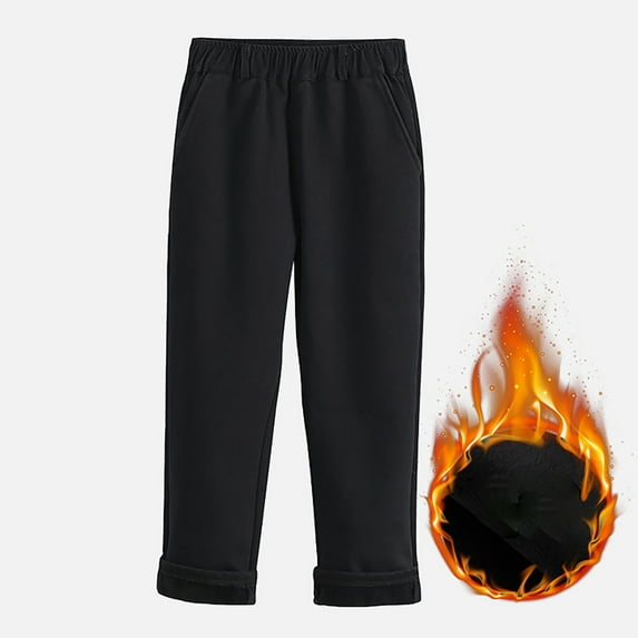 FAOWME Big Kids Boys Pants With Pocket Elastic Waist Solid Color Straight Fit Plush Lined Stretchy Thickened Trousers For School And Daily Wear Black 14-15 Years