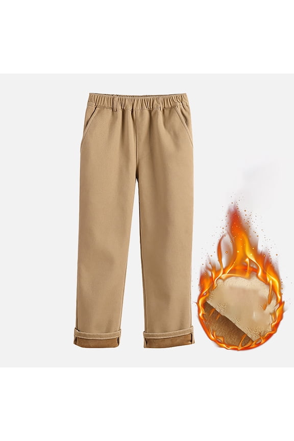 Big Kids Boys Pants With Pocket Elastic Waist Solid Color Straight Fit Plush Lined Stretchy Thickened Trousers For School And Daily Wear Khaki 10-11 Years