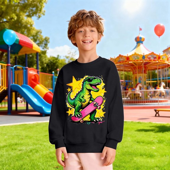 FAOWME Big Kids Boys Pullover Long Sleeved Round Neck Dinosaurs Print Soft Comfortable Loose Fit Sweatshirts For Casual Daily Wear Black 13-14 Years