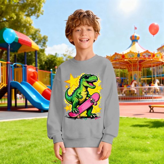 FAOWME Big Kids Boys Pullover Long Sleeved Round Neck Dinosaurs Print Soft Comfortable Loose Fit Sweatshirts For Casual Daily Wear Grey 11-12 Years