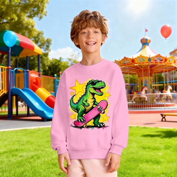 FAOWME Big Kids Boys Pullover Long Sleeved Round Neck Dinosaurs Print Soft Comfortable Loose Fit Sweatshirts For Casual Daily Wear Pink 13-14 Years