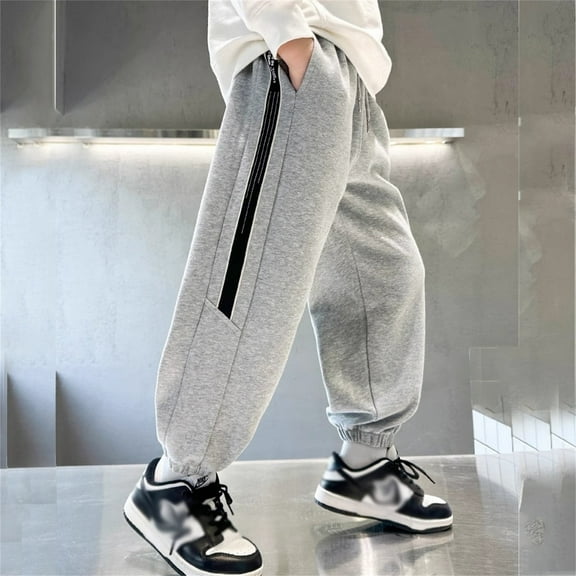 FAOWME Big Kids Boys Sweatpants With Pocket Drawstring Elastic Waist Color Block Plush Lined Ankle Tied Casual Trousers For Daily Wear Grey 9-10 Years