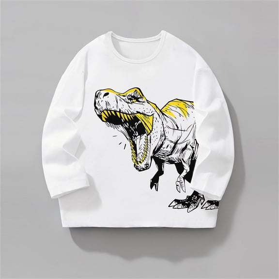 FAOWME Big Kids Boys T Shirt Long Sleeved Round Neck Dinosaurs Print Comfortable Breathable Pullover Sweatshirt For Casual Daily Wear White 6-7 Years