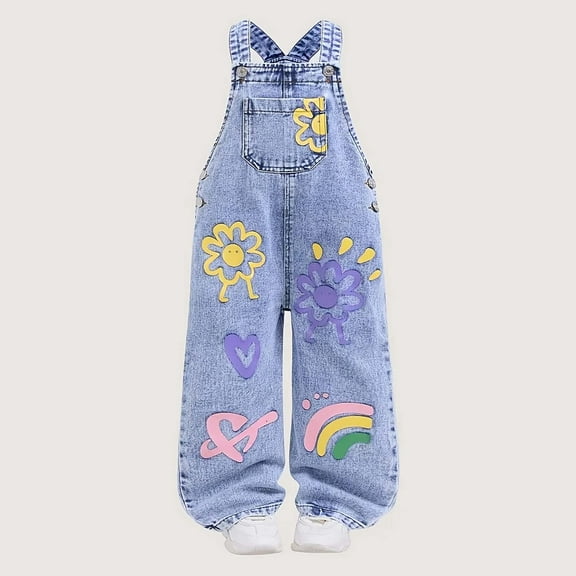 FAOWME Big Kids Denim Overalls With Pockets Sleeveless Suspenders Cartoon Print Stretch Comfortable Jeans Jumpsuit For Daily Wear Blue 4-5 Years
