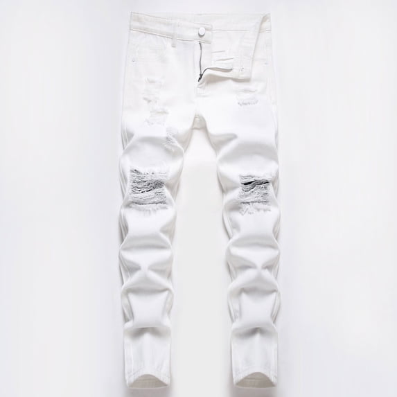 FAOWME Big Kids Denim Pants With Pocket High Waist Straight Fit Distressed Ripped Stylish Stretch Jeans Trousers For Daily Wear White 2-3 Years