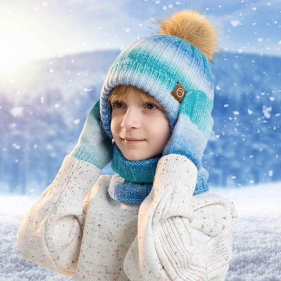 FAOWME Big Kids Girls Boys Beanie Hat Scarf Gloves Set Knitted Caps Long Scarf Touchscreen Gloves Warm Comfortable Outfits 3 Pack For Daily Wear Blue One Size