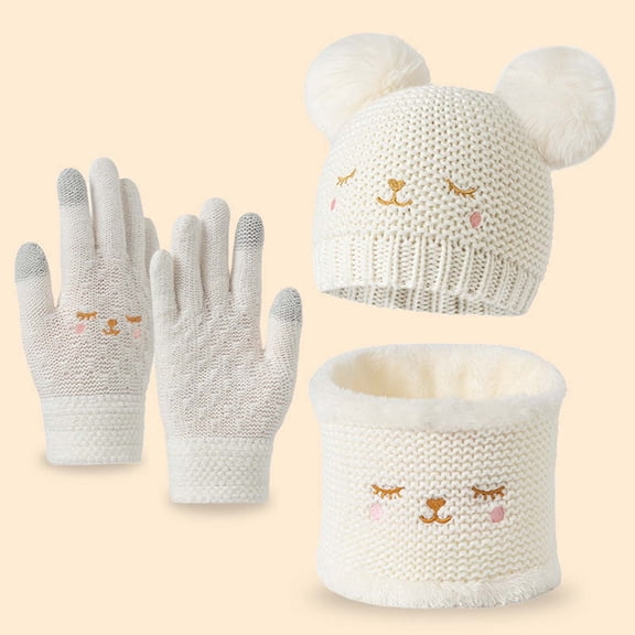 FAOWME Big Kids Girls Boys Beanie Hat Scarf Gloves Set Knitted Caps Long Scarf Touchscreen Gloves Warm Comfortable Outfits 3 Pack For Daily Wear White One Size