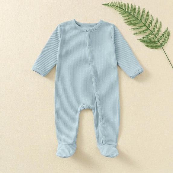 FAOWME Big Kids Girls Boys Bodysuits Long Sleeve Round Neck Solid Color Soft Footed Pajamas With Snap Buttons Comfortable Warm Jumpsuit For Daily Wear Light Green 9-12 Months