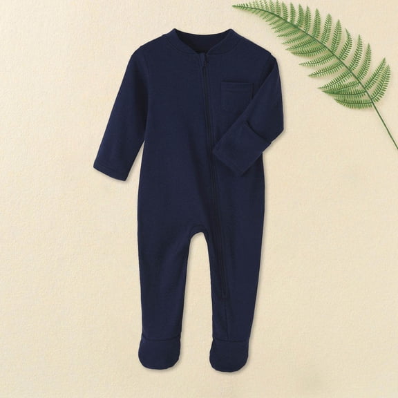 FAOWME Big Kids Girls Boys Bodysuits With Pocket Long Sleeve Zip Up Solid Color Soft Comfortable Warm Romper Jumpsuit For Daily Wear Dark Blue 9-12 Months