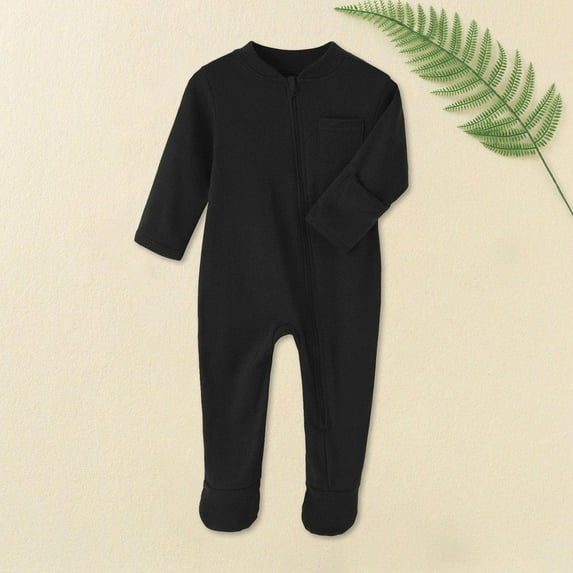 FAOWME Big Kids Girls Boys Bodysuits With Pocket Long Sleeve Zip Up Solid Color Soft Comfortable Warm Romper Jumpsuit For Daily Wear Black 0-3 Months