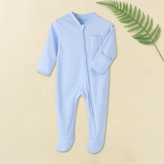 FAOWME Big Kids Girls Boys Bodysuits With Pocket Long Sleeve Zip Up Solid Color Soft Comfortable Warm Romper Jumpsuit For Daily Wear Blue 0-3 Months