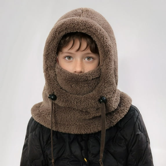 FAOWME Big Kids Girls Boys Fuzzy Hats Solid Color Drawstring Windproof Thickened Comfortable Warm Caps For Autumn Winter Daily Wear Coffee One Size
