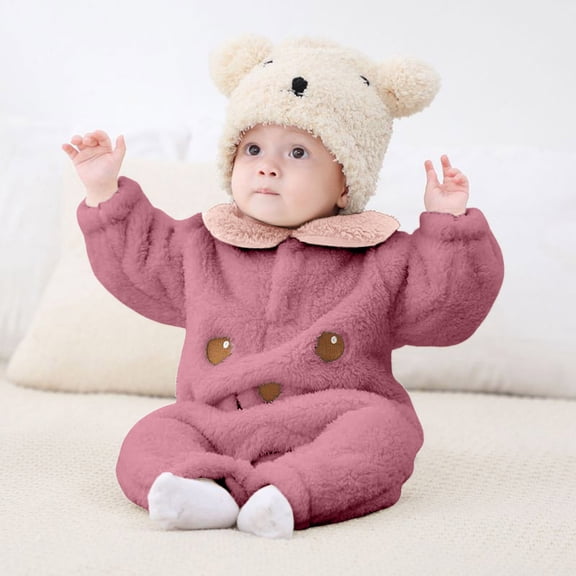 FAOWME Big Kids Girls Boys Romper Fuzzy Long Sleeve Turndown Collar Cartoon Prints Comfortable Warm Bodysuits Jumpsuits For Daily Wear Purple 3-6 Months