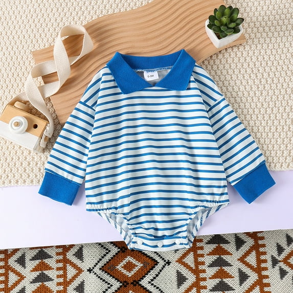 FAOWME Big Kids Girls Boys Romper Long Sleeve Turndown Collar Striped Prints Comfortable Breathable Bodysuits Jumpsuits For Daily Wear Blue 6-12 Months