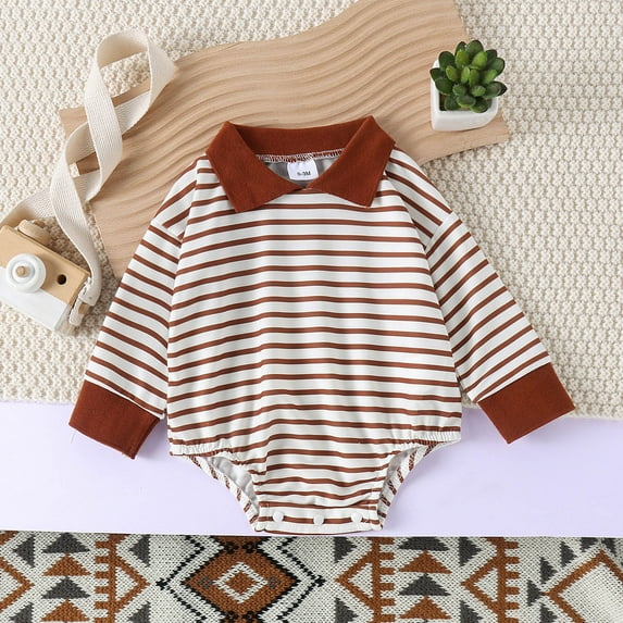 FAOWME Big Kids Girls Boys Romper Long Sleeve Turndown Collar Striped Prints Comfortable Breathable Bodysuits Jumpsuits For Daily Wear Coffee 0-3 Months