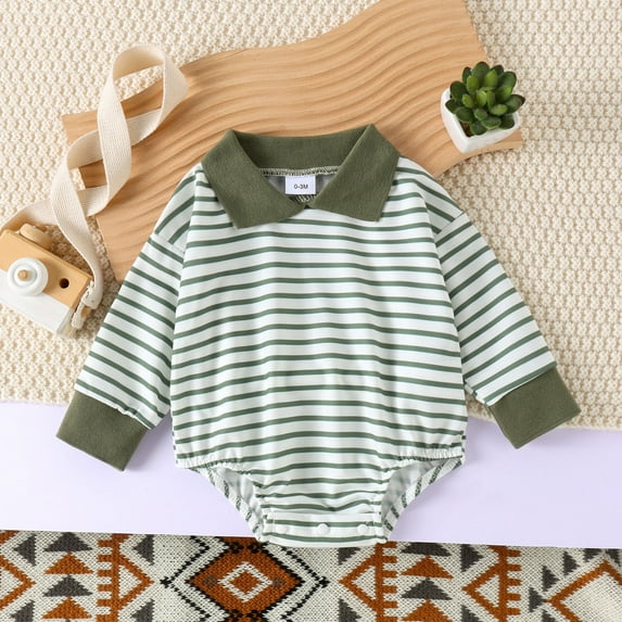 FAOWME Big Kids Girls Boys Romper Long Sleeve Turndown Collar Striped Prints Comfortable Breathable Bodysuits Jumpsuits For Daily Wear Green 6-12 Months